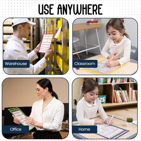 6 Pack, 10" 13.5" Essex Wares - Assorted, Dry Erase Pocket Document Protectors, Wide x Tall- Dry Erase Clear Plastic