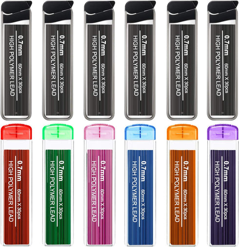 HESTYA 360 Pcs 0.7 mm HB Black Mechanical Pencil Lead Refills, 7 Assorted Colors with Dispensers
