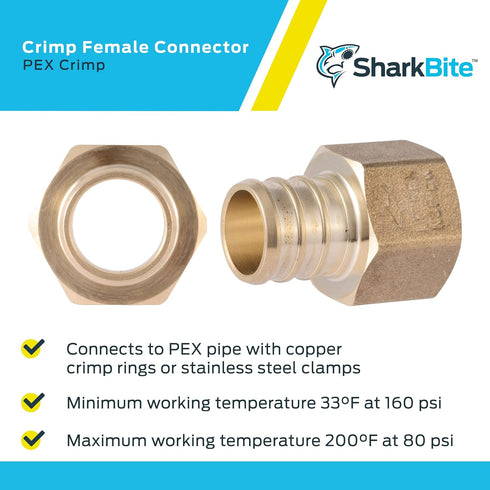SharkBite Brass Plumbing Fitting, 3/4 x 1/2 Inch FNPT Crimp Connector for PEX Pipe, PE-RT, UC092LFA