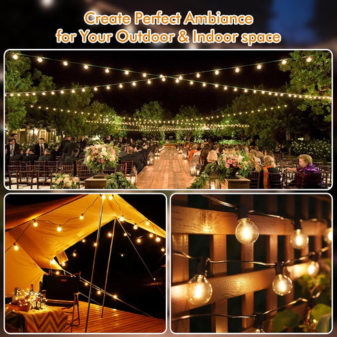 50ft 18+1 G40 Bulbs, 4 Dimming,3 IP65 Solar String Lights Outdoor - Shatterproof & Waterproof LED Remote Control w/