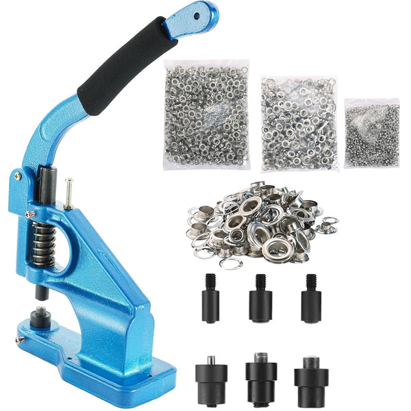 Hand Press Grommet Machine, Heavy Duty Eyelet Grommet Machine Punch Tool Kit with 3 Dies and 1500 Pcs Silver Grommets