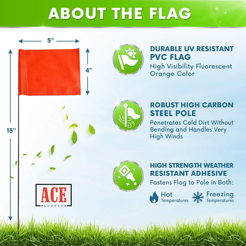 Fluorescent Orange Marking Flags For Lawn - 4x5-Inch Flag - 15-Inch Wire - 50 Pack - Perfect For Lawn Flags, Landscape Flags, Marker Flags For Lawn, Survey Flags, Sprinkler Flags, Irrigation Flags