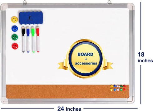 White Board Cork Board Combo, 24x18 in Dry Erase Board with Cork, 1 Magnetic Eraser, 4 Markers, 4 Magnets