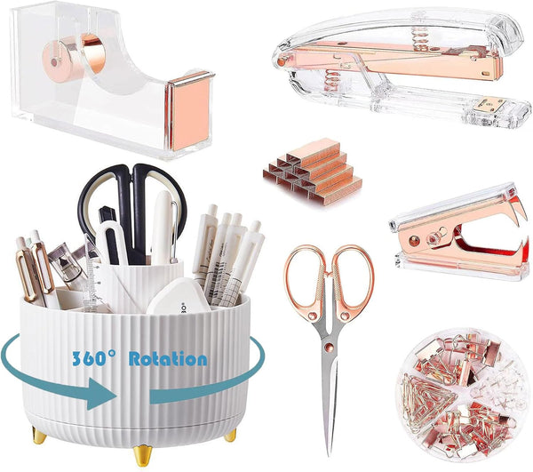 Desk Organizers and Accessories 7-Piece Set with 360-Degree Rotating Pen Holder, Acrylic Stapler, Tape Holder, Scissor,