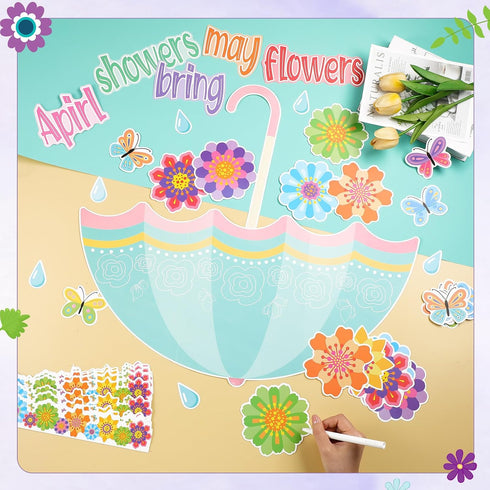 TaoBary 96 Pcs April Showers Bring May Flowers Bulletin Board Cutouts - 3D Tissue Paper Flower Spring Classroom