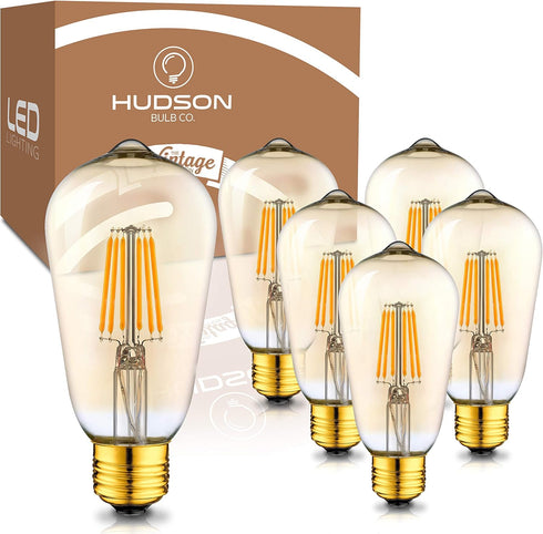 Hudson Vintage LED Edison Light Bulbs, 6W, 2200K Dimmable Warm Light, 60W Equivalent, E26/27 Base, 6 Pack