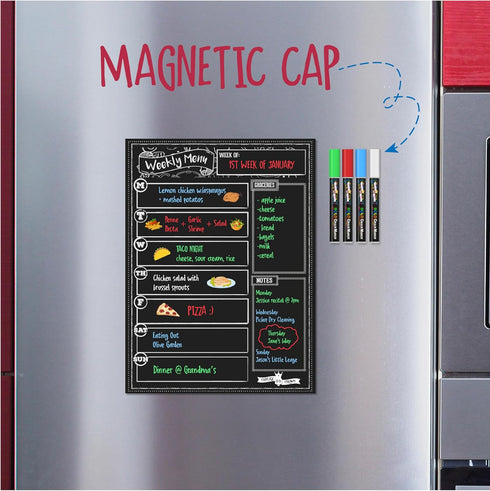 Magnetic Dry Erase Menu Board for Fridge includes 4 Liquid Chalk Markers - Weekly Meal Planner Blackboard, Grocery List and Notepad for Kitchen Refrigerator - Chalkboard Magnet by CHALKY CROWN