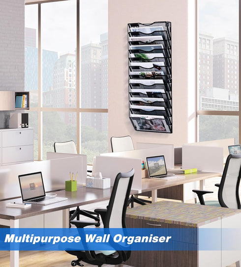 Wall File Holder, 12 Pockets Hanging Organizer for Office, Document Storage, Mail Holder, Magazine Rack, Black