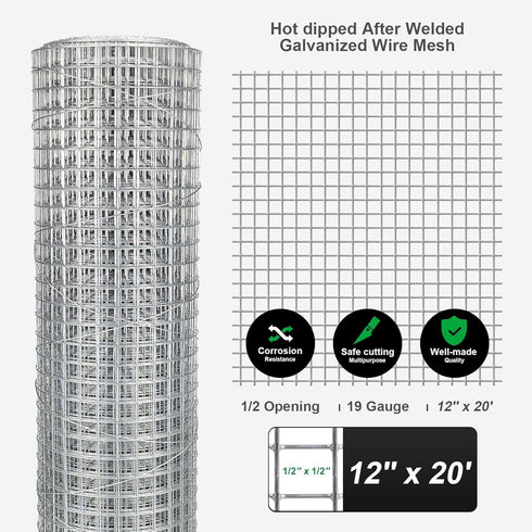 12'' 20' 1/2 (19 Hardware Cloth x in Galvanized Wire Mesh Roll GA) Chicken Wire Fence Roll for Chicken Pen/coop Fences