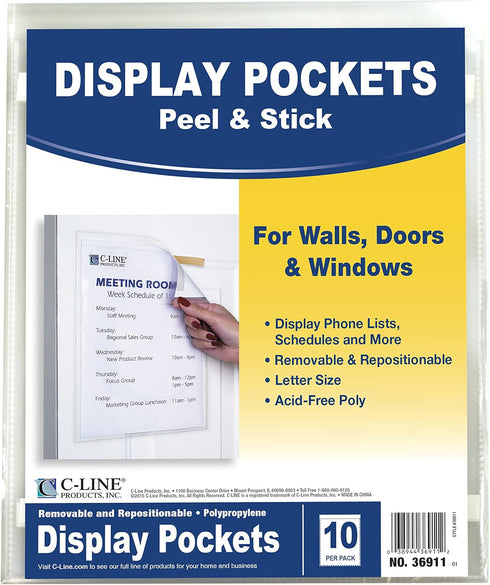 C-Line Peel and Stick Display Pockets, Clear, 8.5 x 11 Inches, 10 per Pack (36911)