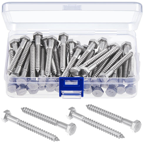 Blulu 60 Pcs 304 Hex Head Lag Screws - Stainless Steel Lag Bolts for Wood, 1/4" x 2-1/2"