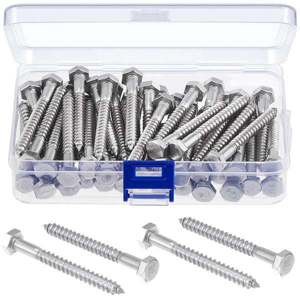 Blulu 60 Pcs 304 Hex Head Lag Screws - Stainless Steel Lag Bolts for Wood, 1/4" x 2-1/2"