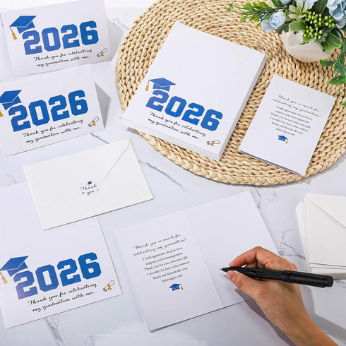 Motipuns 50 Sets 2026 Blue Graduation Thank You Cards with Envelopes and Stickers Pre-printed Message Bulk Appreciation