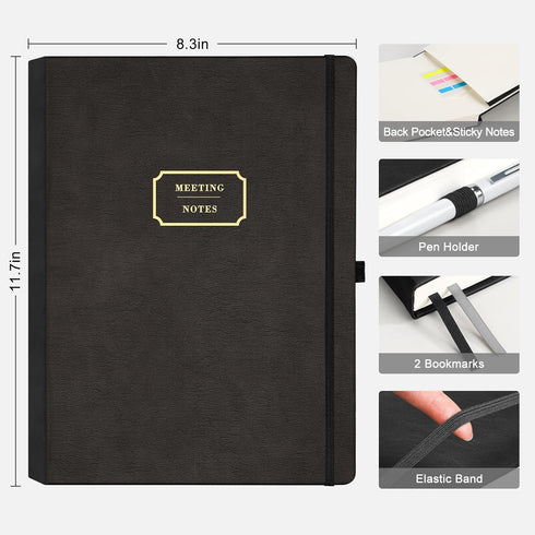 EMSHOI Meeting Notebook for Work with Action Items - 240 Pages, A4 Project Planner, PU Leather Meeting Agenda/Minutes Journal Organizer for Women Men, Note Taking, Office Business, 8.5"x11", Black by EMSHOI