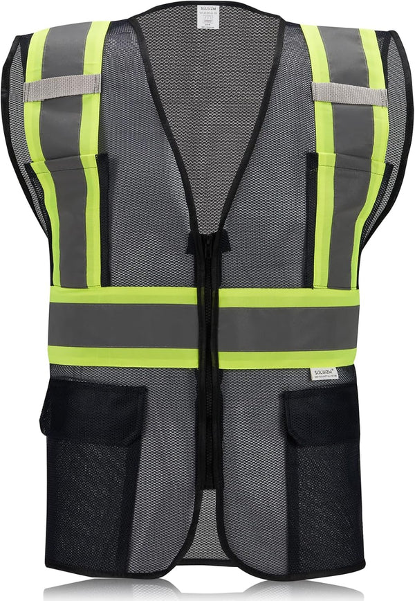 High Visibility Reflective Safety Vest with Zipper and Pockets Translucent Black