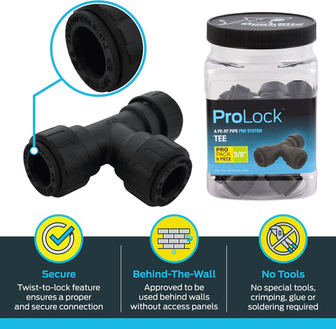 SharkBite 3/8 Inch ProLock Tee, Push to Connect Plastic Plumbing Fitting for PEX, Copper, CPVC, PL0813J6