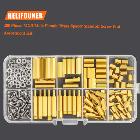M2.5 Male Female Hex Brass Spacer Standoff Screw Nut Assortment Kit, 200 Pieces