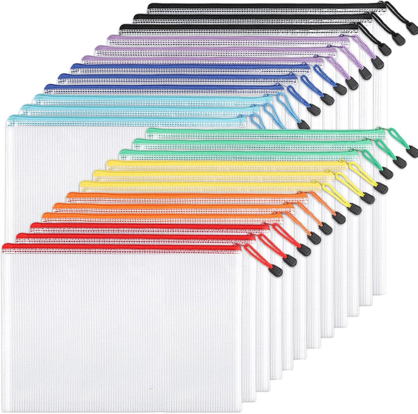 EOOUT 24pcs Mesh Zipper Pouch Bags – A4 Waterproof Zipper Bags for Organizing School, Toys, and Office Supplies