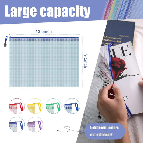 Koogel 5PCS Mesh Zipper Pouches, Zipper File Bags Poly Zip Envelopes Waterproof Puzzle Bags for A4 Paper Travel Office School Cosmetics by Koogel