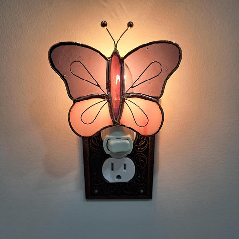 4 Bulb Gift Essentials Pink and Purple Butterfly Plug in Night Light - Stained Glass Nightlight with On/Off Rocker