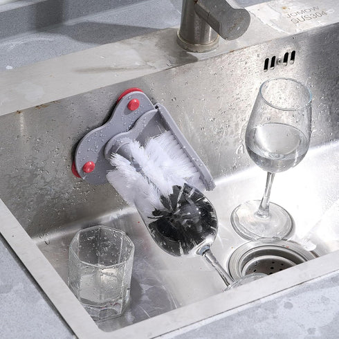 LemonRoad 4 Pack (7.48'') Cup Washer Double Bristle Brush with Suction Base Glass Cleaner for Kitchen Bar Sink Wine