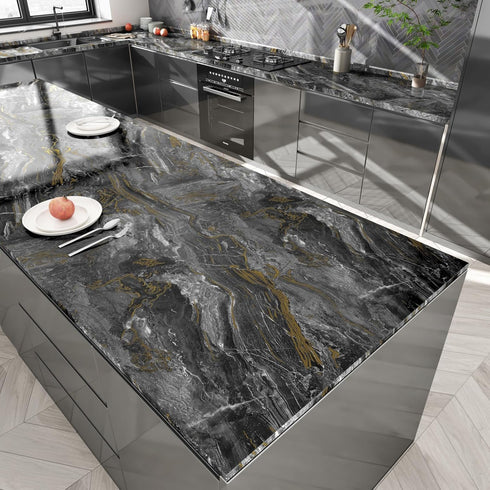 Black/Gold Marble Contact Paper, Peel and Stick Glossy Waterproof Wallpaper for Cabinets, Shelf 15.7"X78.8"