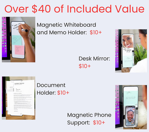 Removable Multi-Use Memo Board, 11.8" x 4.3" Magnetic Whiteboard - Desk Mirror, Phone Mount, Document Holder & More