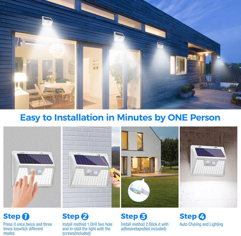 2 Pack 140 Peasur Solar Powered Lights Outdoor Motion Sensor, LED Fence Light Waterproof, White Frame Security Wall