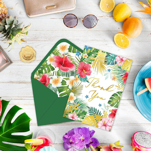 50 Summer 4 6 Inch Whaline Pcs Hawaiian Thank You Cards Tropical Flowers Leaves Greeting Cards with Envelopes Stickers
