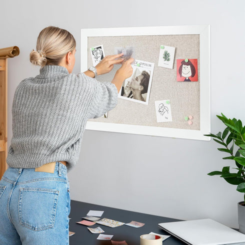 Board2by White Cork Board Bulletin Board with Linen, Wood Framed 30" x 20"