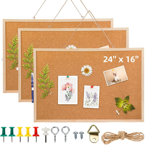 Lyellfe 3 Pack Large Cork Boards for Walls, 24''L x 16''W Thick Notice Board with Push Pins for Office Home Decor