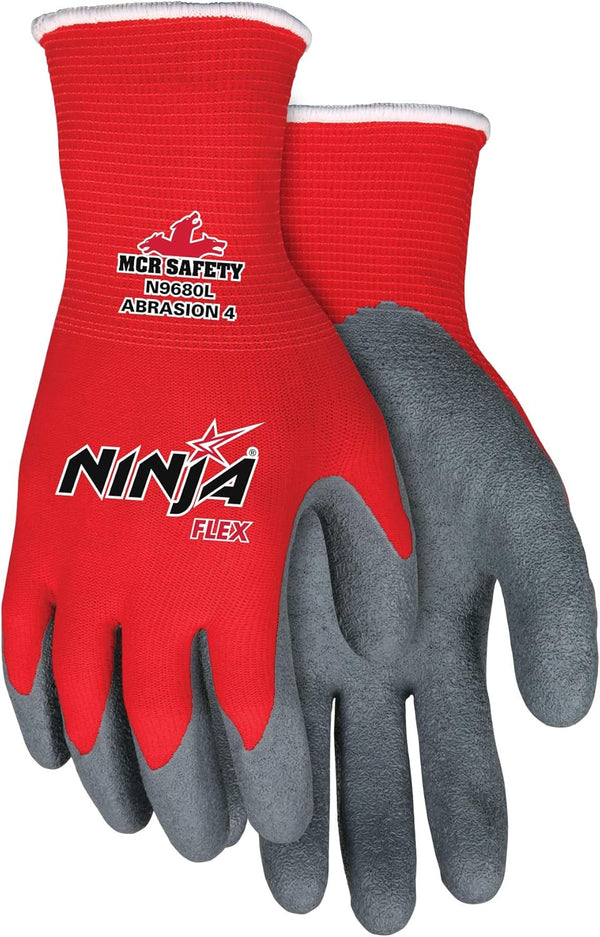 MCR Safety N9680XXL Ninja Flex Work Gloves, Nylon Shell with Latex Dip Palm & Fingertips, Gray/Red, 2X-Large, 1-Pair