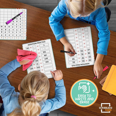 SCRIBBLEDO Addition Math Practice, 9”x12” Small White Board, Dry Erase Sheets for 1st Grade Classroom Pack