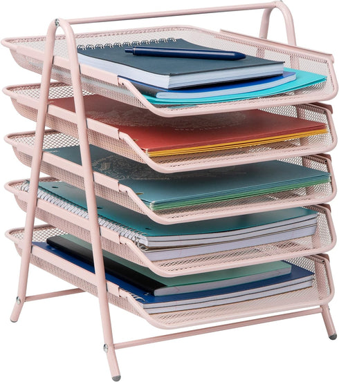 Mind Reader 5-Tier Paper Tray, Desktop Organizer for File Storage, Metal Mesh, Pink