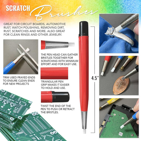 Pixiss Scratch Brush Pen Set, Fiberglass, Steel, Brass, Nylon, 5-inches Pen Style Prep Sanding Brush 4-Pack for Removing Corrosion and Rust, Jewelry, Electrical Circuit Boards and Auto Body Work