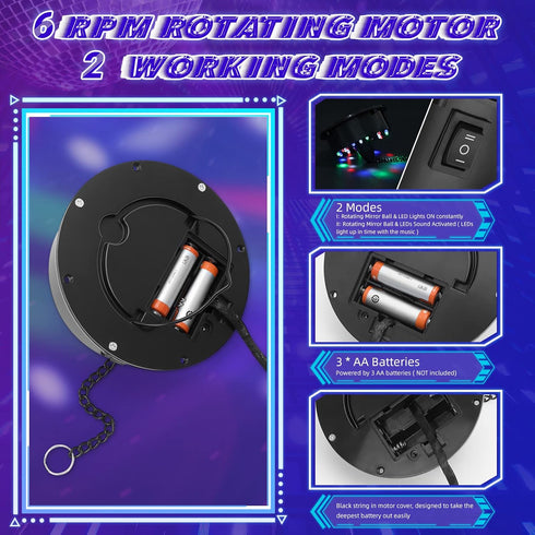 Meagoo 8" 6RPM 4 18 Disco Ball with Motor and Light, Hanging Mirror Ball and Batteries Powered Rotating Motor