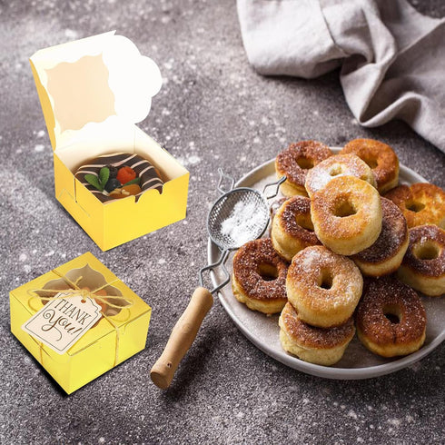 KPOSIYA 10 Pcs Gold Bakery Boxes with Window, Individual Cupcake Boxes 4x4x2.5 Inches for Cookies, Pastries, Macaroon