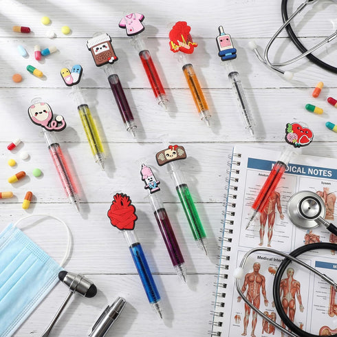 Estune 100 Set 50 50 Pcs Cute Nurse Pens Bulk Include DIY Nursing Silicone Accessories Retractable Black Ink Syringe