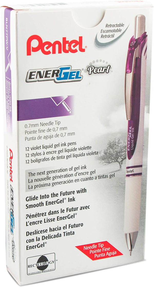 Pentel Gel Ink Pen, Pearl Retractable Gel Pen, 0.7mm Medium Point, Violet Ink, 12 Pack (BLN77PW-V)