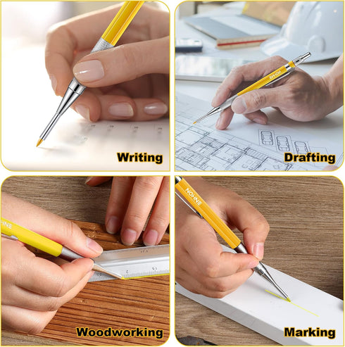 Enhon 2mm Mechanical Carpenter Pencil Set with 12 Marker Refills, Sharpener, Extended Needle-Nose Tip (Black, Yellow)