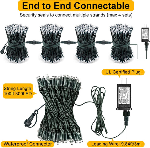 100FT 300 8 LED Christmas Lights, White Outdoor String Lights Waterproof with Modes, Plug in Connectable Fairy Twinkle