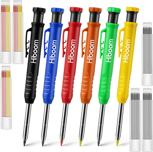 Hiboom 6 Pack Carpenter Pencil with Sharpener, Long Nosed Mechanical Hole Marker with 36 Pcs Refills for Woodworking