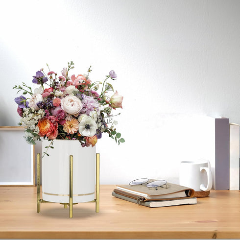 Gold Pen Holder for Desk, Aesthetic Ceramic Pencil Cup with Metal Legs, Makeup Cup for Brushes