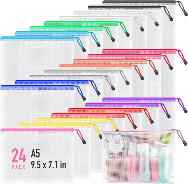 Umriox 24 Pack Small Zipper Pouch, 12 Colors Mesh Bags with Zipper for Puzzles, Board Games, Office Supplies