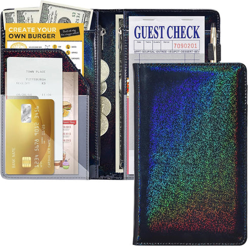 Black Glitter Server Books For Waitress/Waiter Book with 2 Zipper Money Pockets,Cute