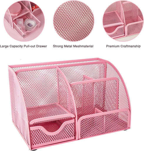 Pink Desk Organizers and Accessories, Mesh Office Supplies Set with Tape Dispenser, Stapler, Phone Holder, Scissors