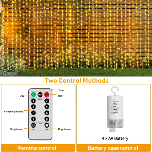 10 10Ft 300LED 8 Dimmable Curtain Lights Battery Operated * Waterfall Light with Modes Remote Timer Memory Waterproof