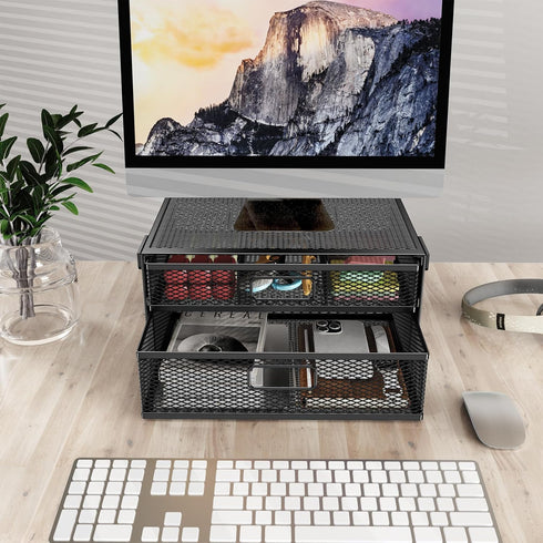 Under Desk Drawer Organizer, No Drill Metal Storage Drawer Container with 2 Slide Out Cabinets for Home and Office