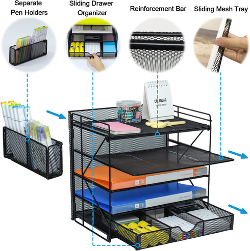GALASALA 5-Tier Mesh Desktop File Organizer with Drawer, Paper Sorter for School Office Supplies, Black