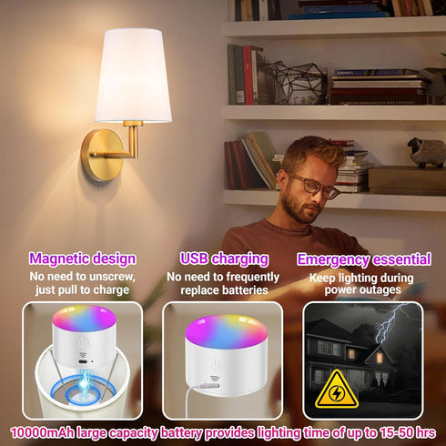 Set 2, 10000mAh Dimmable Battery Operated Wall Sconces of Rechargeable Wall Lights with Remote, RGB LED Sconce Lighting